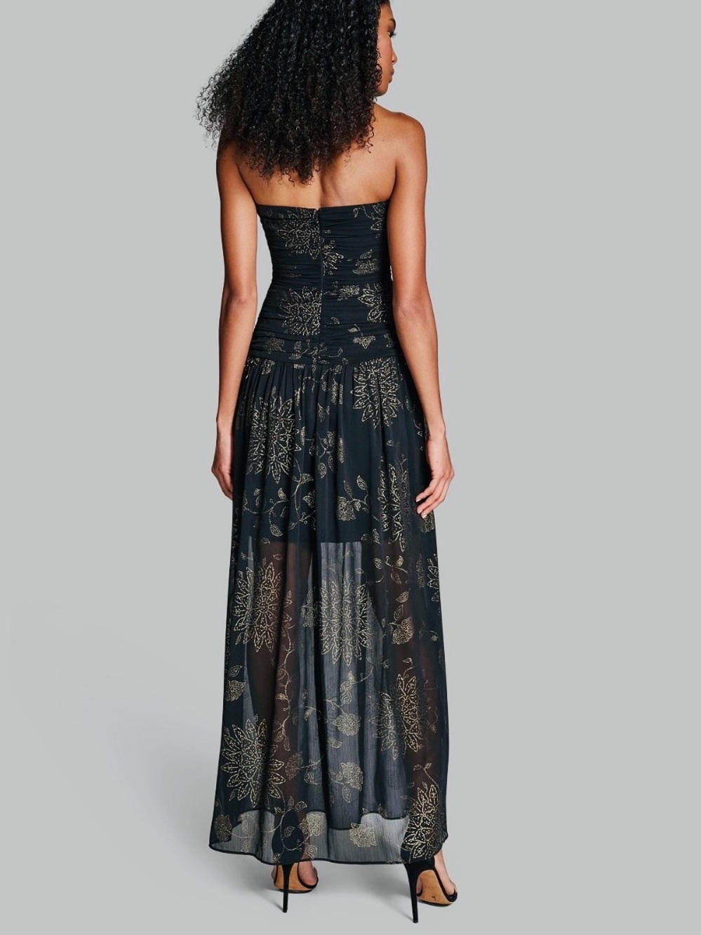 NWT BCBG Foil Pleated Strapless Maxi Dress Size 10 Black & Gold Sheer - Picture 2 of 12